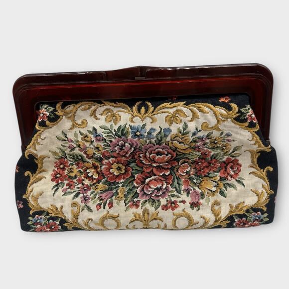 Modern Black Rose Tapestry Clutch Bag Embroidered Front Black Back Cottagecore - Picture 1 of 7